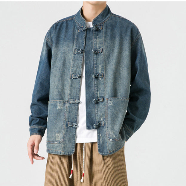 Herren Denim Arbeitsjacke mit Stehkragen Drune