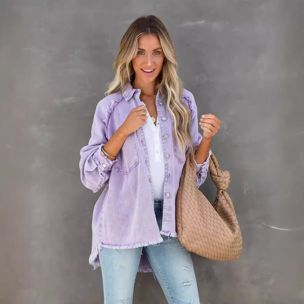 Damen Lässige Denim-Übergangsjacke im Vintage-Stil mit fransigen Details Drune