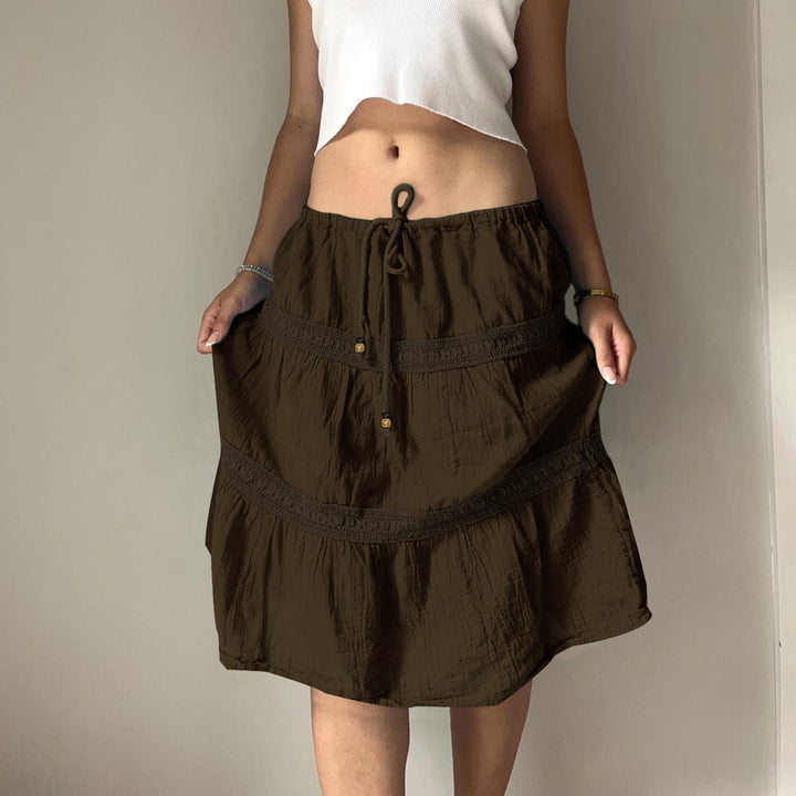 Damen nan gestufter Boho-Midirock mit elastischem Kordelbund und Häkelband-Details Drune