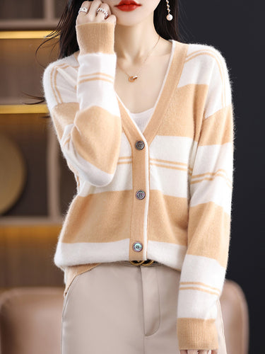 Damen Midilanger Feinstrick-Cardigan mit breiten Blockstreifen, V-Ausschnitt und gerippten Bündchen Drune