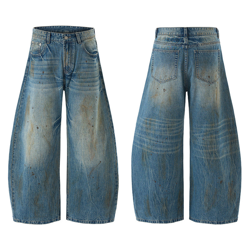 Herren Ultraweite Denim-Baggyhose im Vintage-Look mit Farbpatina und tiefem Schritt Drune