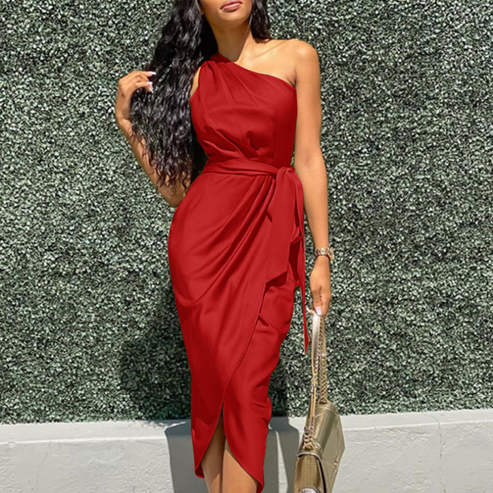 Drune | Sexy Einfarbig Asymmetrische Asymmetrischer Kragen Unregelmäßiges Kleid Kleider- 3 Farben