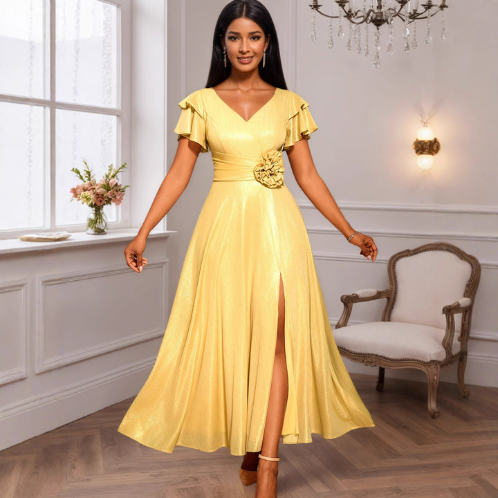 Damen Elegantes Maxikleid mit üppigem Volant und floralem Akzent Drune
