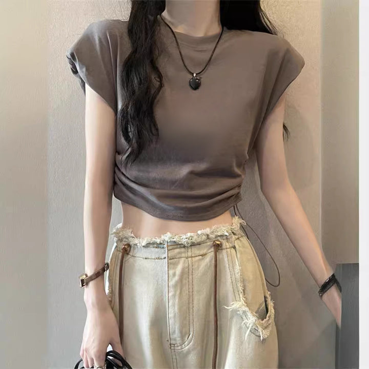 Damen Cropped T-Shirt mit verstellbarem Kordelzug und modischen Puffärmeln