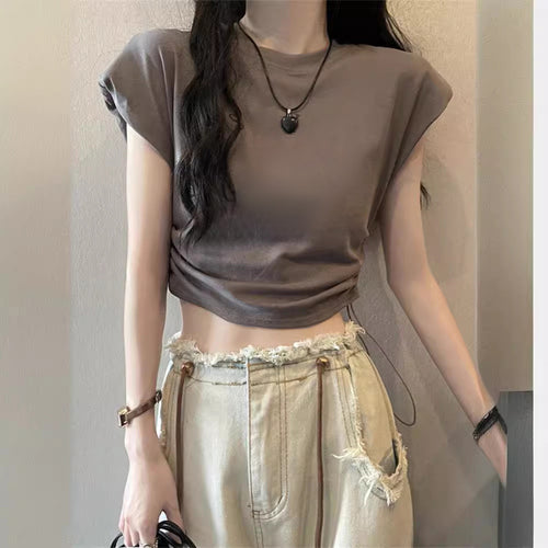 Damen Cropped T-Shirt mit verstellbarem Kordelzug und modischen Puffärmeln