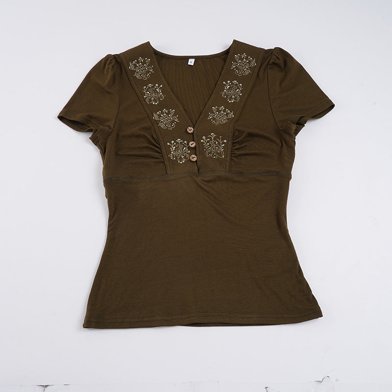 Damen T-Shirt mit floralem Stickmuster und Knopfleiste Drune