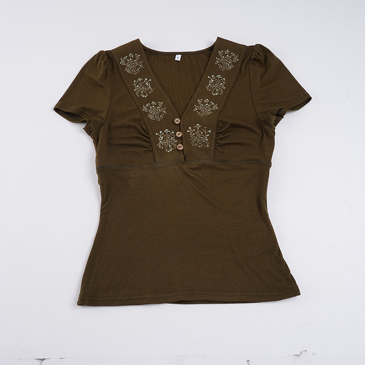 Damen T-Shirt mit floralem Stickmuster und Knopfleiste Drune