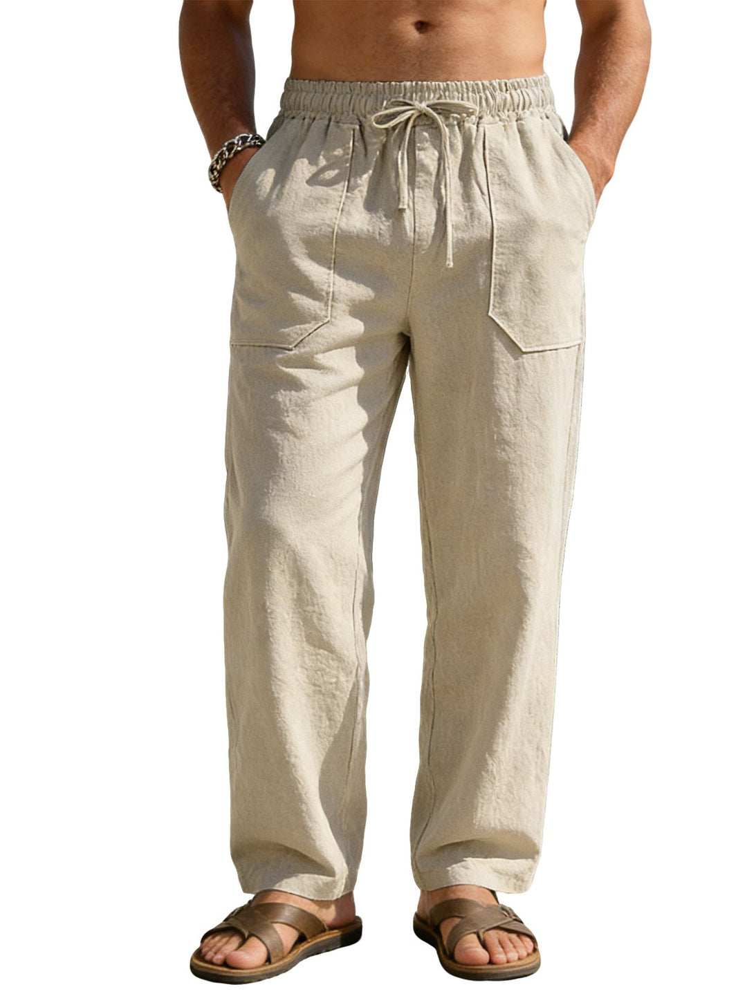 Herren nan weite Relaxhose aus Leinen-Mix mit Kordelbund und aufgesetzten Beintaschen Drune