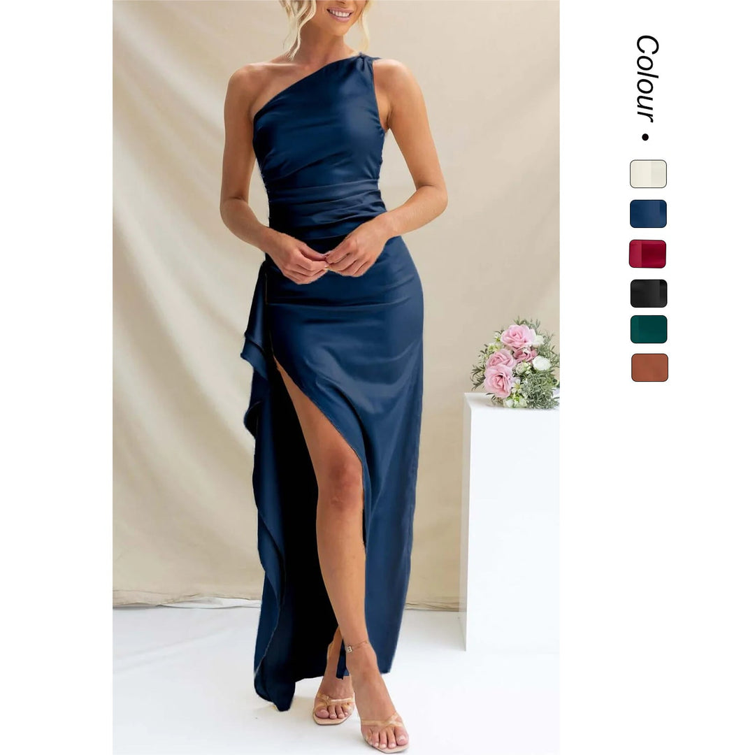 Damen One-Shoulder Maxikleid mit seitlichem Schlitz und elegantem Drapierungen Drune