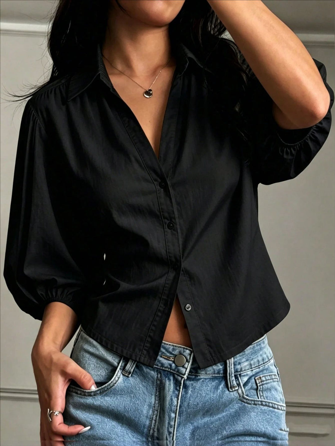 Damen Bluse mit Puffärmeln und klassischem Kragen Drune