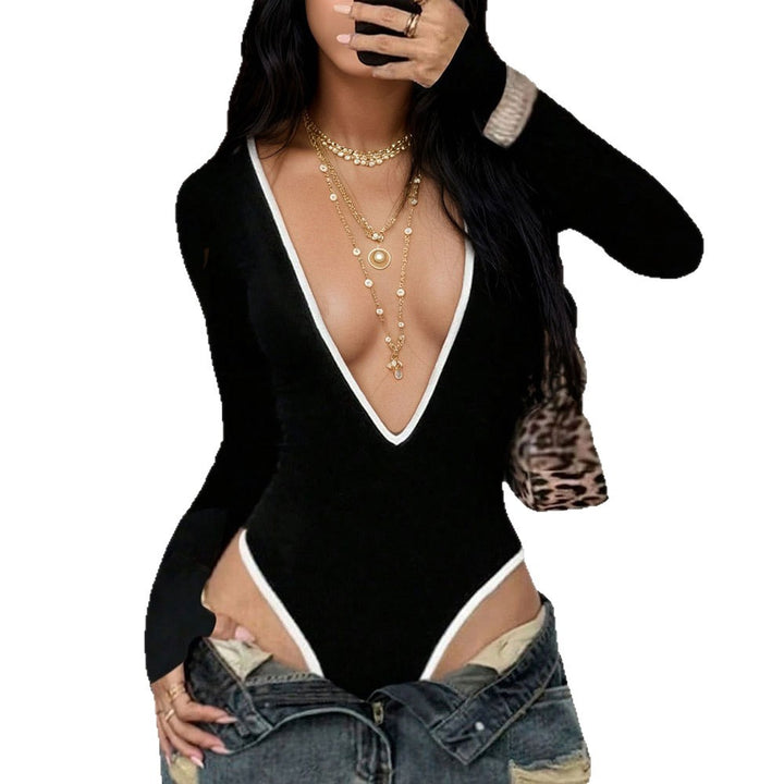 Damen figurbetontes Bodysuit mit tiefem V-Ausschnitt und langen Ärmeln Drune