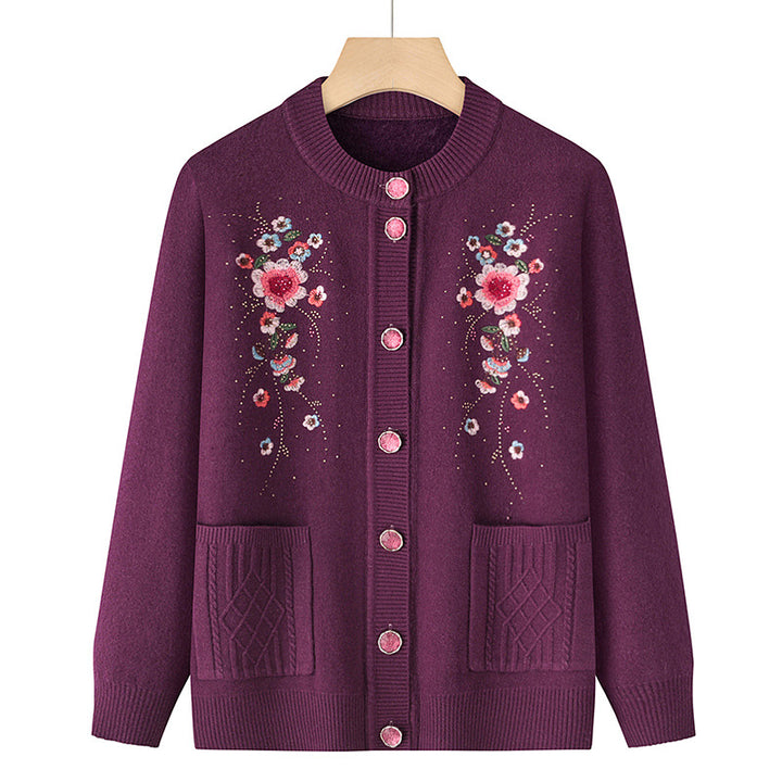 Damen nan bestickte Strickjacke mit Rundhalsausschnitt, Zierknopfleiste und aufgesetzten Taschen Drune