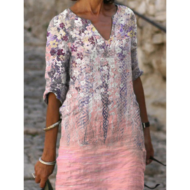 Damen nan knielanges Midikleid im Materialmix mit floraler Spitzenoberfläche, V-Ausschnitt und Knitterstruktur Drune