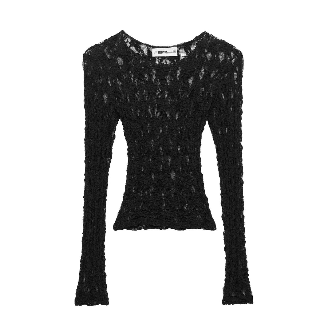 Damen nan semitransparentes Spitzenshirt langarm Slim-Fit mit Muschelkante Drune
