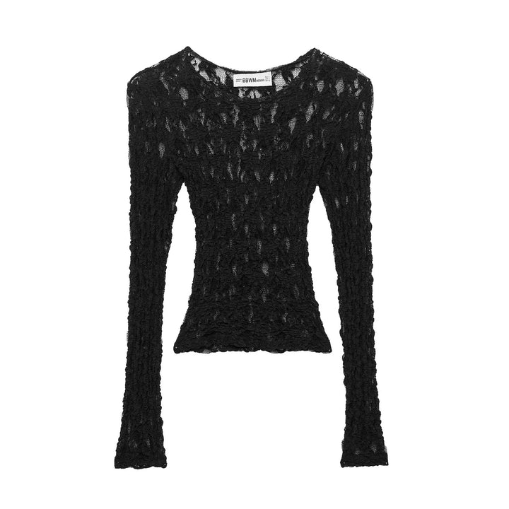 Damen nan semitransparentes Spitzenshirt langarm Slim-Fit mit Muschelkante Drune
