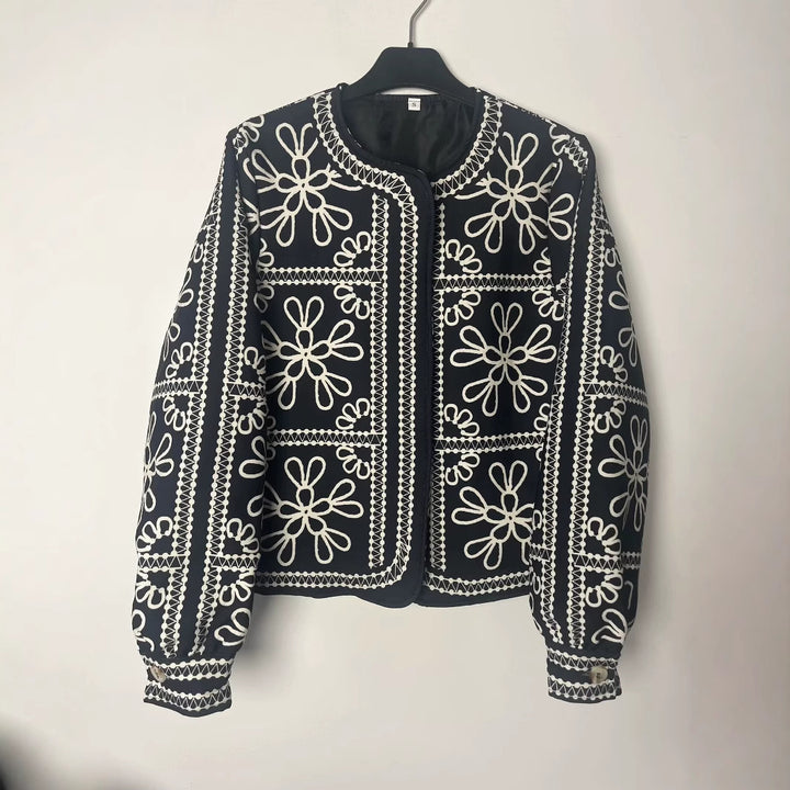 Damen gestepptes Oberteil mit floralem Design und eleganter Knopfleiste Drune