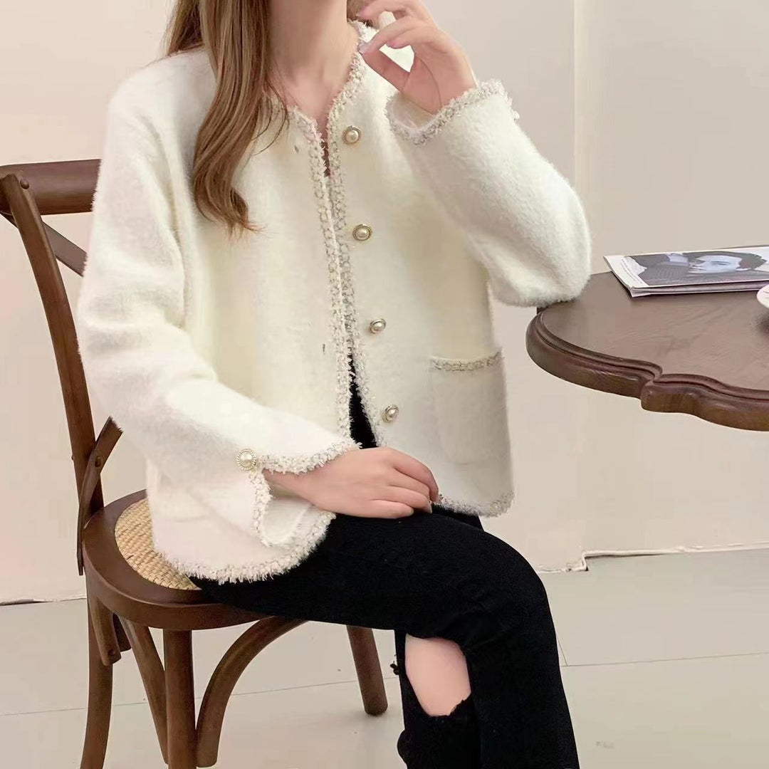 Damen Bouclé-Jacke mit eleganten Perlenknöpfen Drune