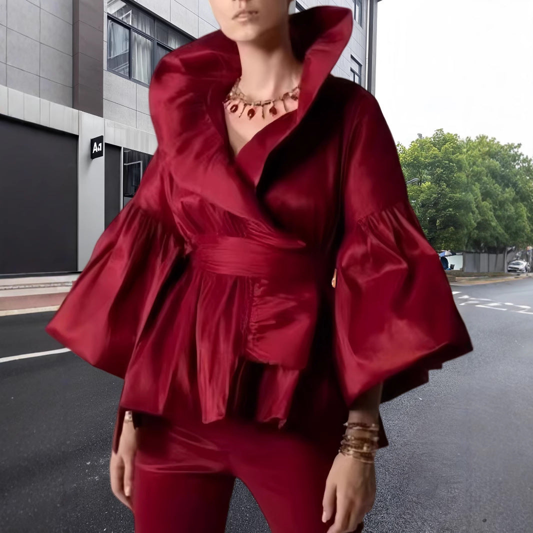 Damen Elegante Wickeljacke mit voluminösen Ärmeln und modernem Kragen Drune