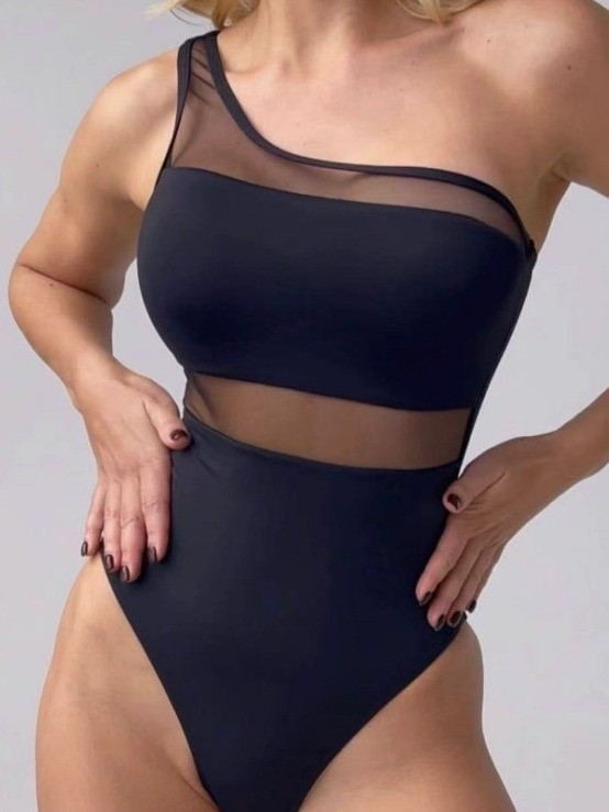 Damen Einteiler Badeanzug mit asymmetrischem Schnitt und transparenten Akzenten Drune