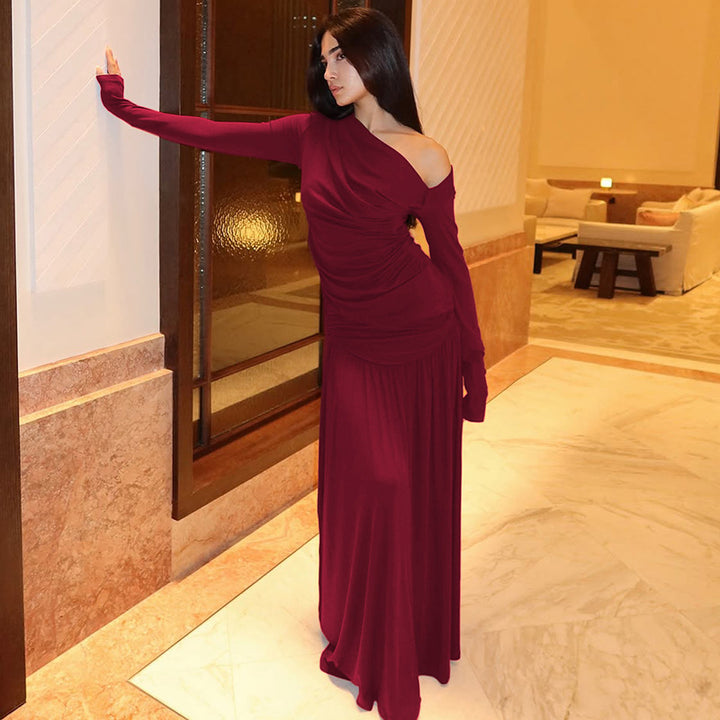 Damen Elegantes Wickel-Maxi-Kleid mit asymmetrischem Schulteinsatz Drune