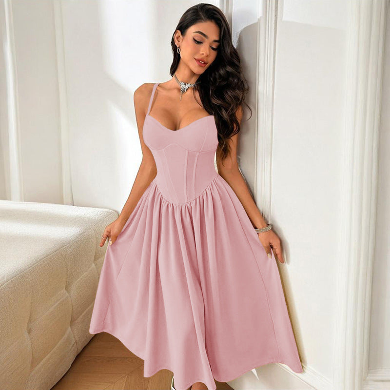 Damen elegantes Maxikleid mit taillierter Silhouette und feinen Trägern Drune