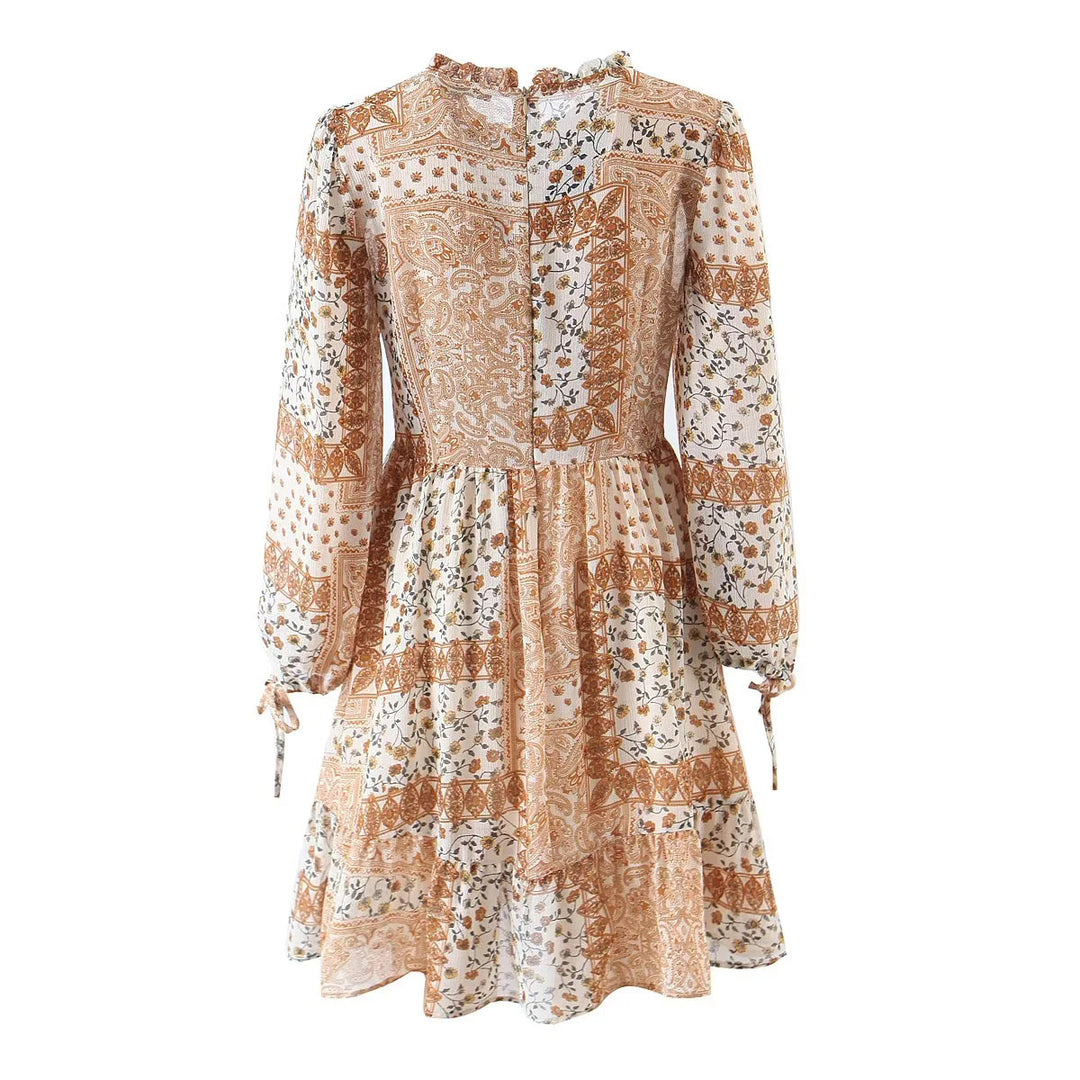 Damen nan geblümtes Boho Midi-Kleid mit Stufenrock und Rüschenkragen Drune