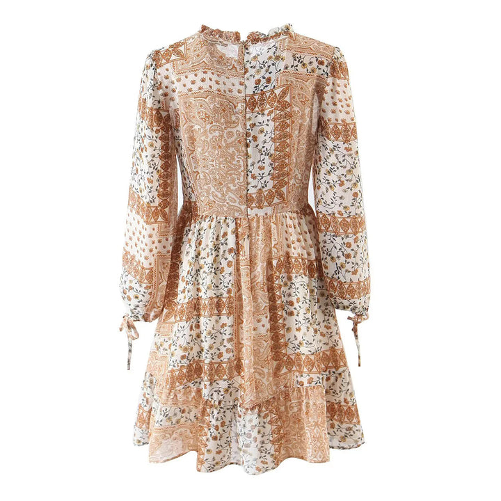 Damen nan geblümtes Boho Midi-Kleid mit Stufenrock und Rüschenkragen Drune