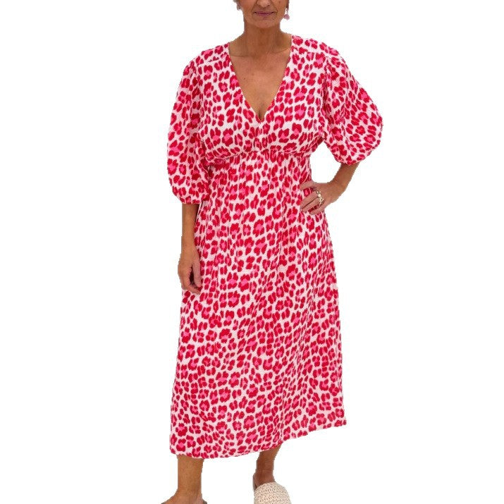 Damen nan Maxikleid mit tiefem V-Ausschnitt, voluminösen Puffärmeln und smockierter Taillennaht Drune