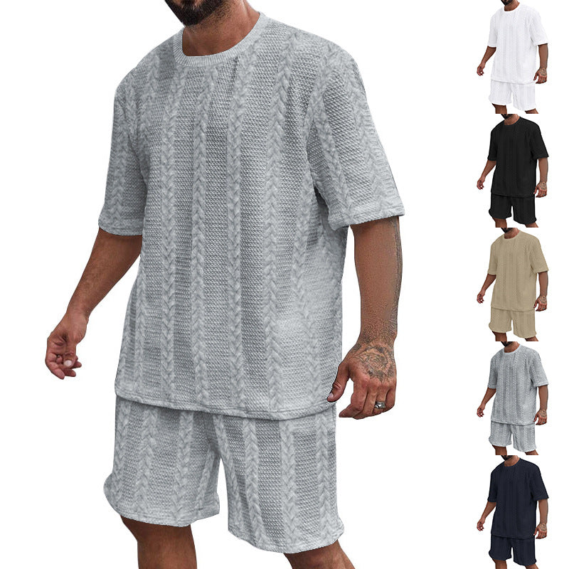 Herren nan entspanntes Zopfstrick-Freizeitset mit weitem Kurzarmshirt und elastischer Bermuda Drune