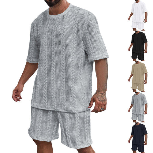 Herren nan entspanntes Zopfstrick-Freizeitset mit weitem Kurzarmshirt und elastischer Bermuda Drune