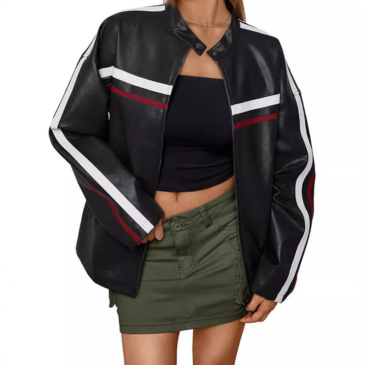 Damen Kunstlederjacke mit sportlichen Streifen Drune