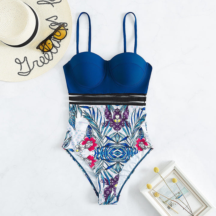 Damen Einteiler Badeanzug mit dekorativem Blumenmuster und strukturierter Taille Drune