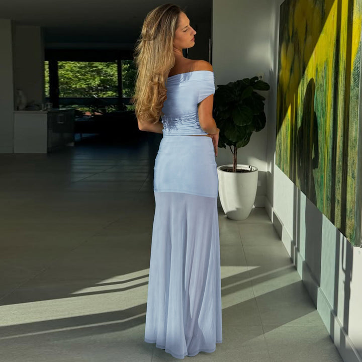 Damen Elegantes Off-Shoulder Maxikleid mit gerafftem Oberteil Drune
