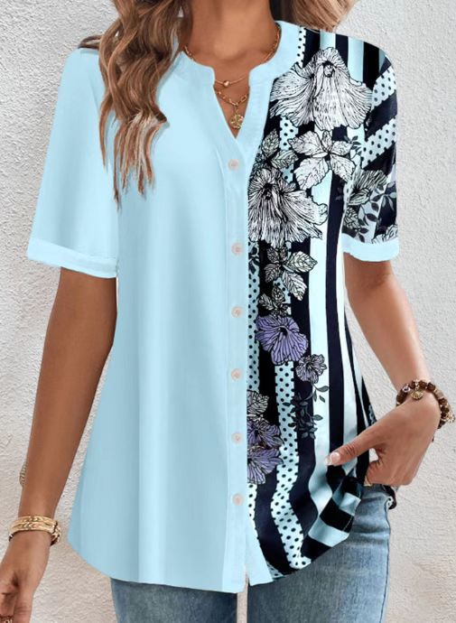 Damen nan zweigeteilte Hemdbluse mit asymmetrischem Muster-Mix, Knopfleiste und lockerer Hüftlänge Drune