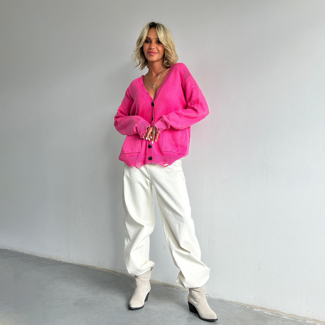 Damen Oversized Strickjacke mit Knopfdetails Drune