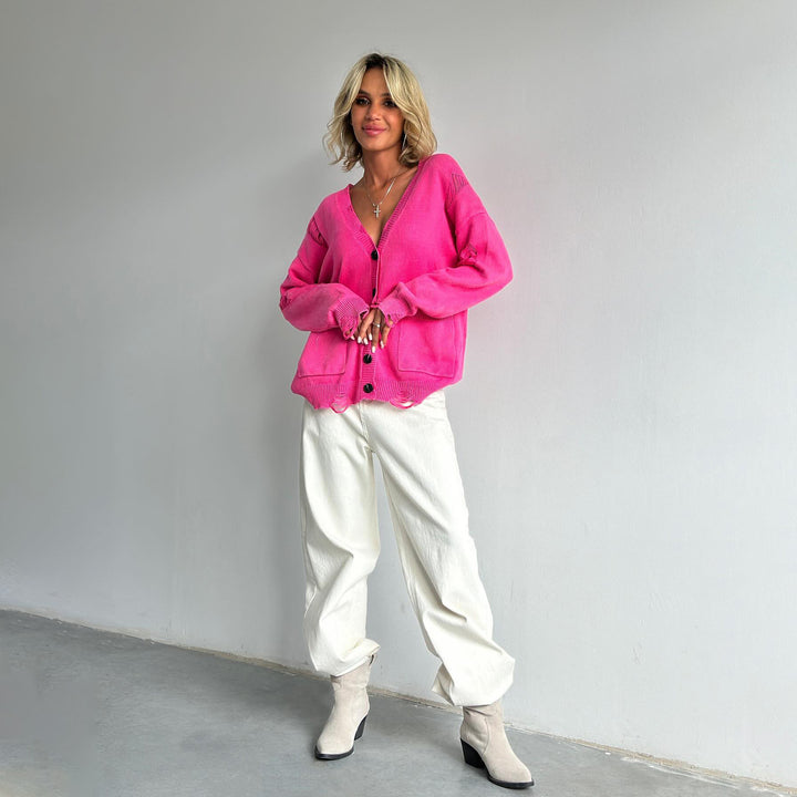 Damen Oversized Strickjacke mit Knopfdetails Drune