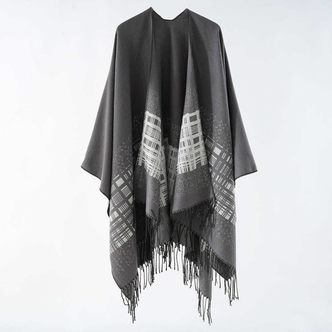 Damen Wollmix-Schulterponcho mit Jacquardmuster und Fransensaum Drune