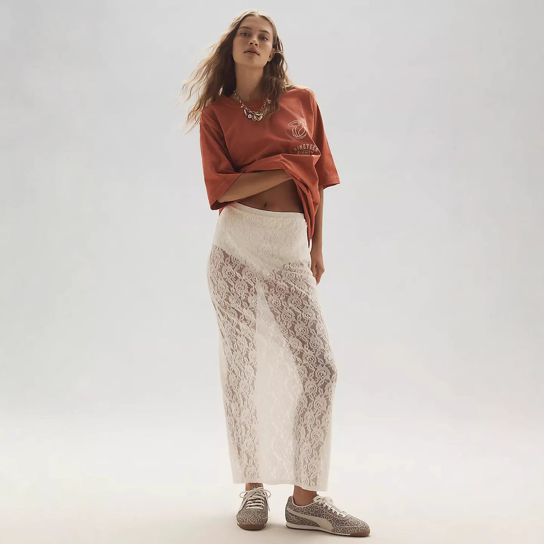 Damen Spitzenrock im langen, eleganten Design mit hohem Schlitz Drune