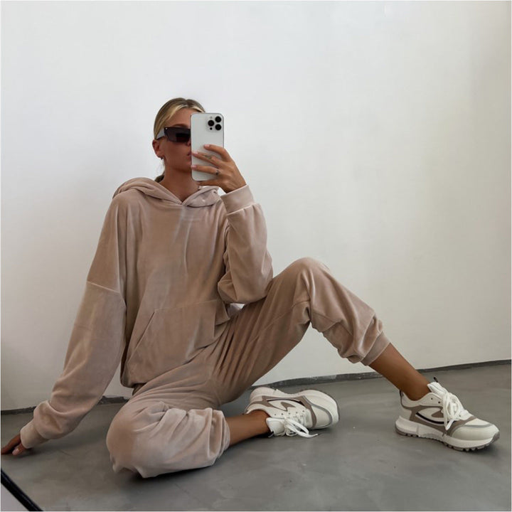 Damen bequemer Velours-Sweatanzug mit Kapuze und elastischem Bund Drune
