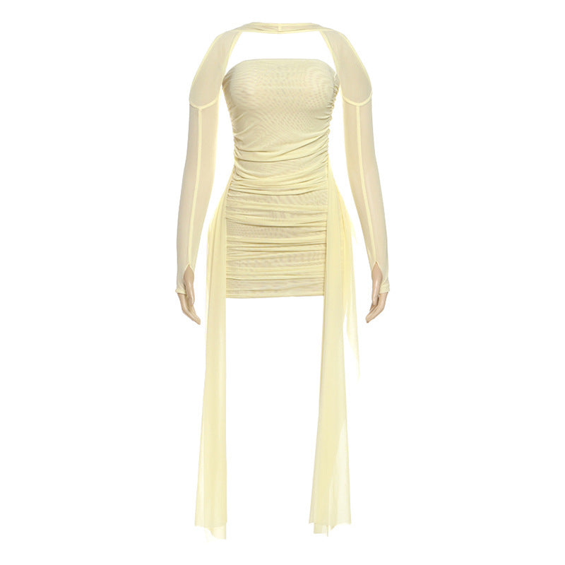 Damen Elegantes Minikleid mit raffinierten Rüschen und transparenten Ärmeln Drune