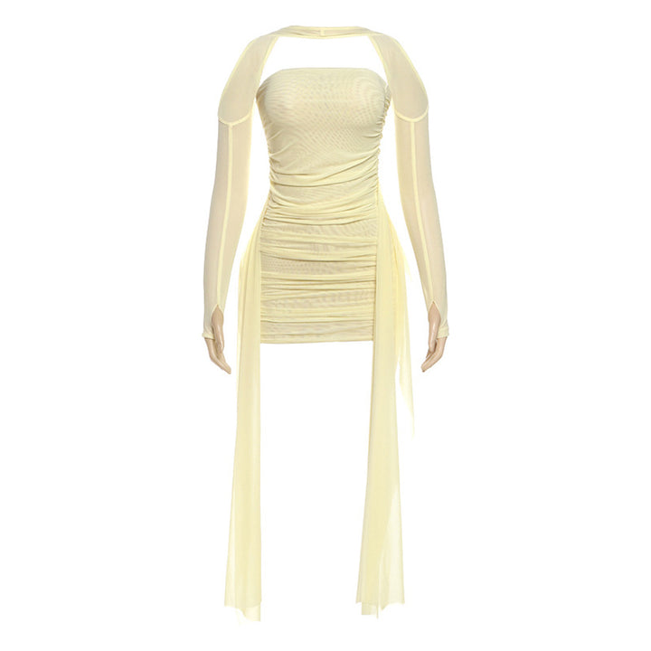 Damen Elegantes Minikleid mit raffinierten Rüschen und transparenten Ärmeln Drune