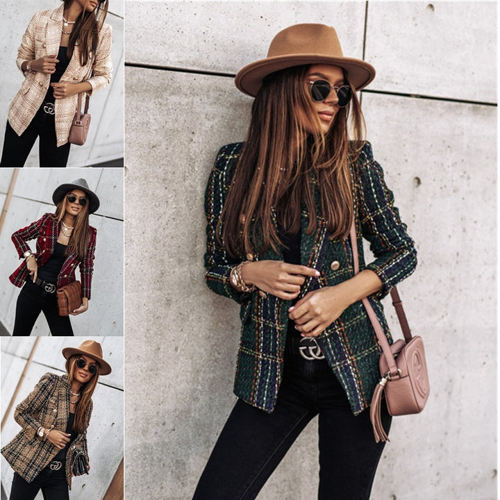 Damen Modischer Tweed-Blazer mit doppelter Knopfleiste und strukturiertem Gewebe Drune