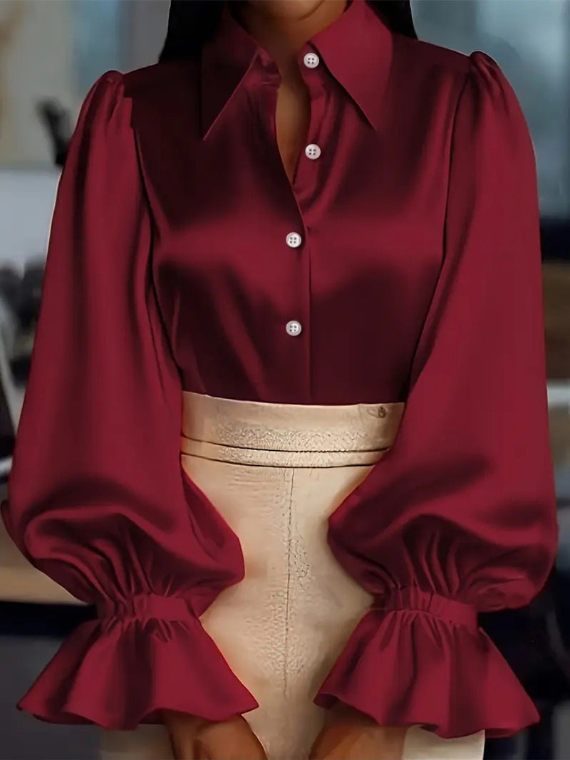 Damen elegante Seidenbluse mit Puffärmeln und schicker Knopfleiste Drune