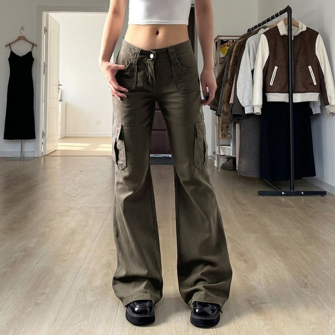 Damen Cargo-Flares mit hoher Taille, Klappentaschen und weitem Schlag Drune