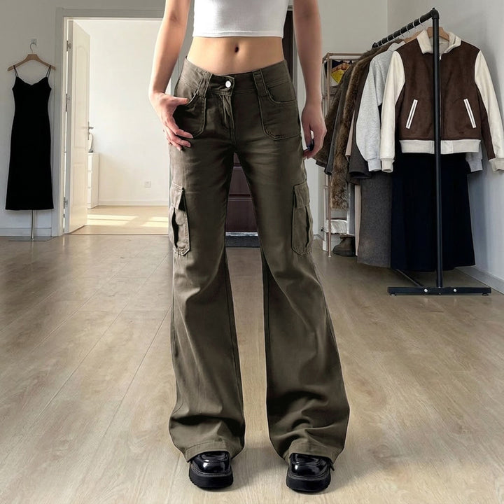 Damen Cargo-Flares mit hoher Taille, Klappentaschen und weitem Schlag Drune