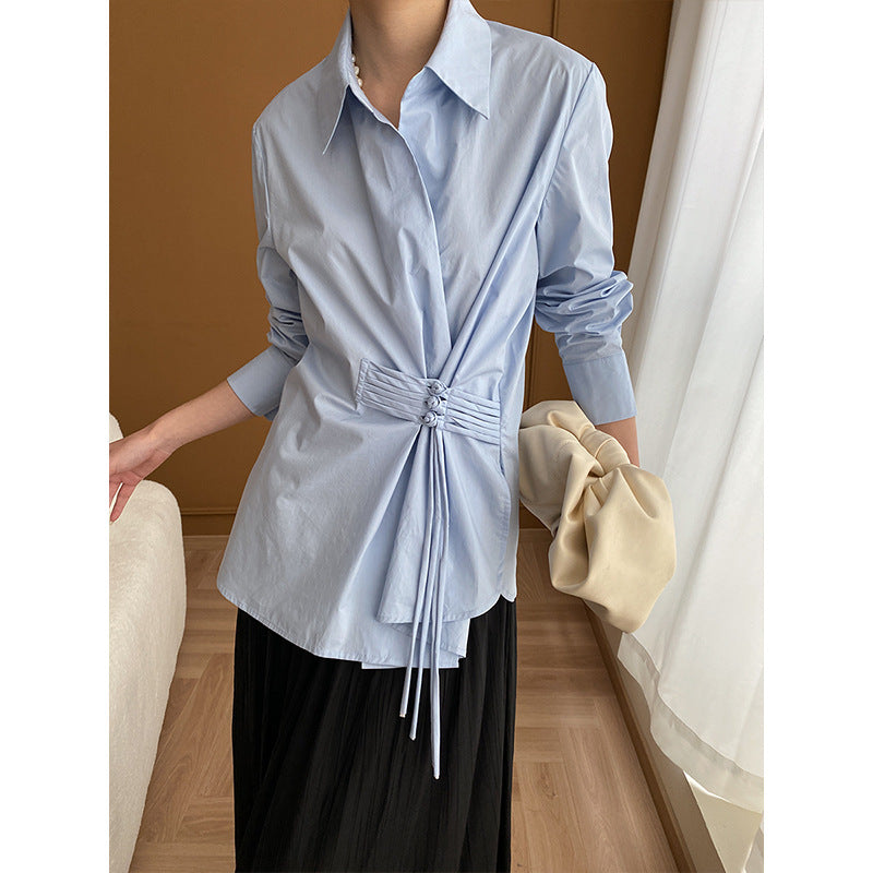 Damen Wickelbluse mit dekorativen Knopfdetails und elegantem Bindeband Drune