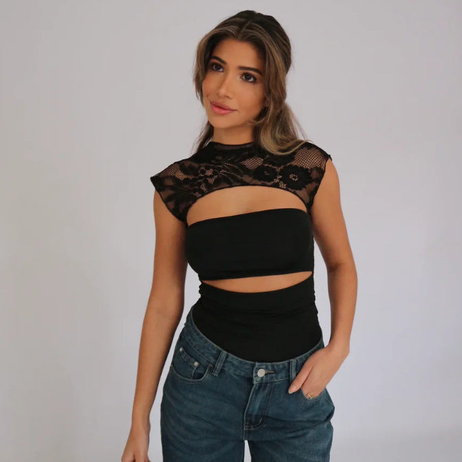 Damen Elegantes Oberteil mit Spitzendetails und Cut-Outs Drune