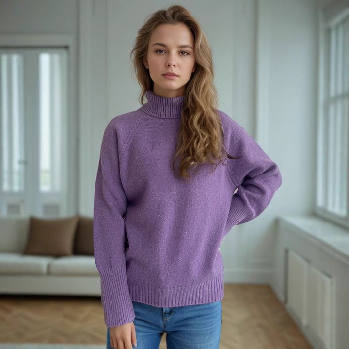 Damen eleganter Rollkragenpullover mit strukturiertem Strickdesign und glitzernden Akzenten Drune
