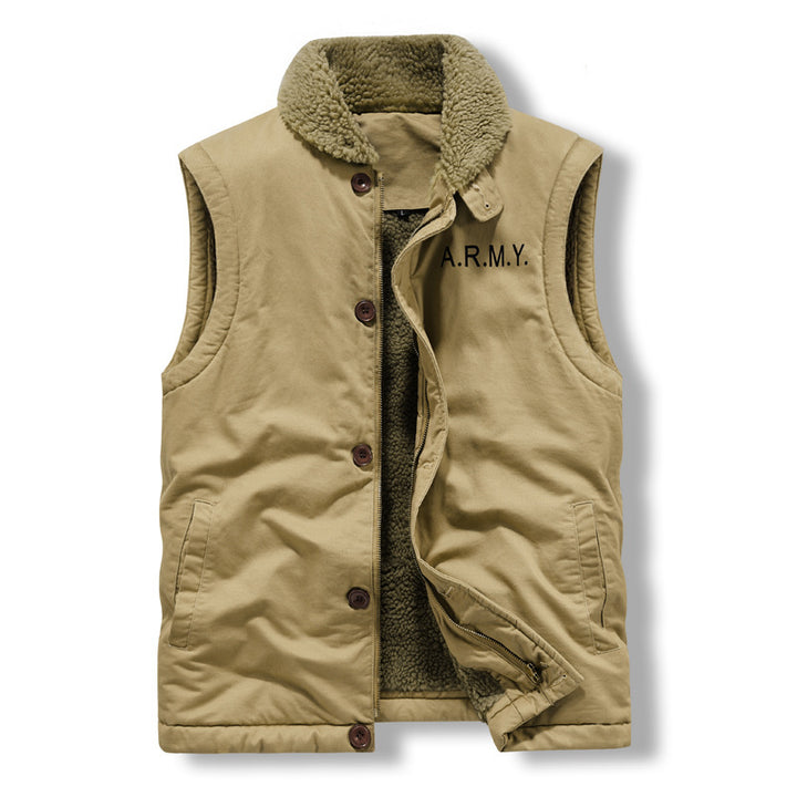 Herren gefütterte Canvas‑Weste mit Teddyfleece‑Innenlage, Zweiwege‑Reißverschluss und Knopfleiste Drune
