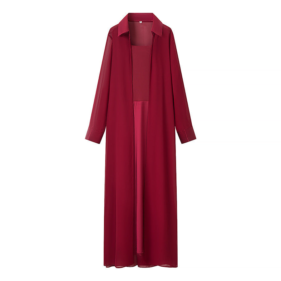 Damen Langer Chiffon-Überwurfmantel mit integriertem Cami-Kleid Drune